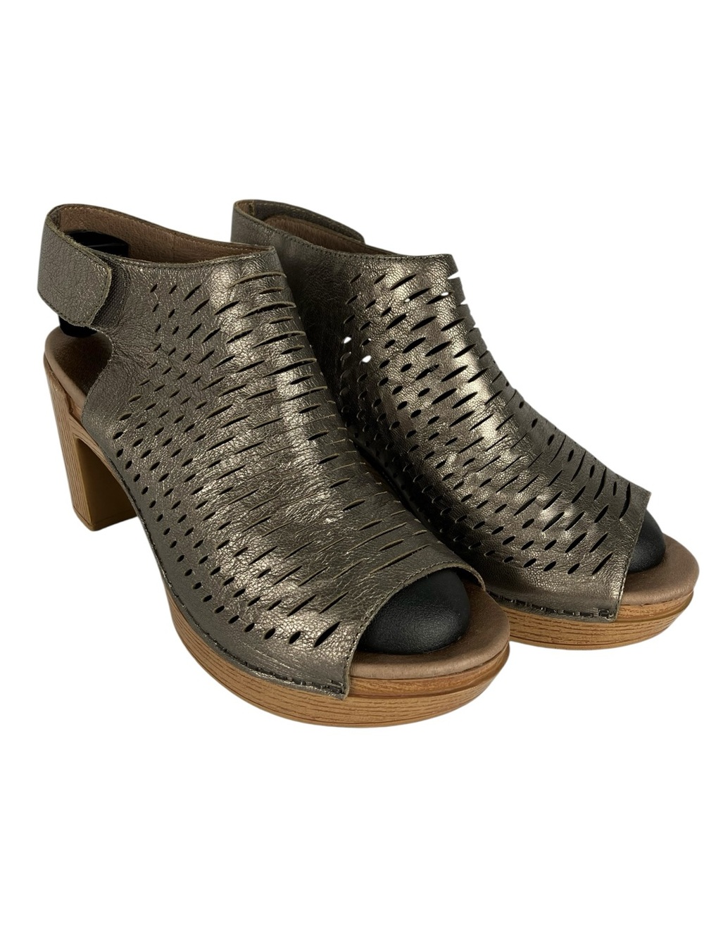 Dansko Danae Heeled Peeptoe Sandals Women’s EU 38 US 7.5 / 8 Metallic Pewter